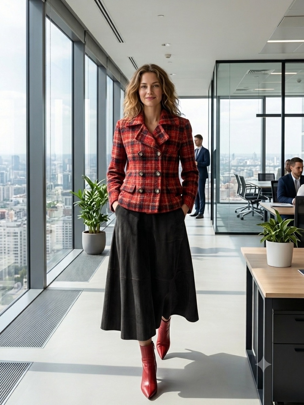 Red Plaid Double-Breasted Women’s Blazer Jacket